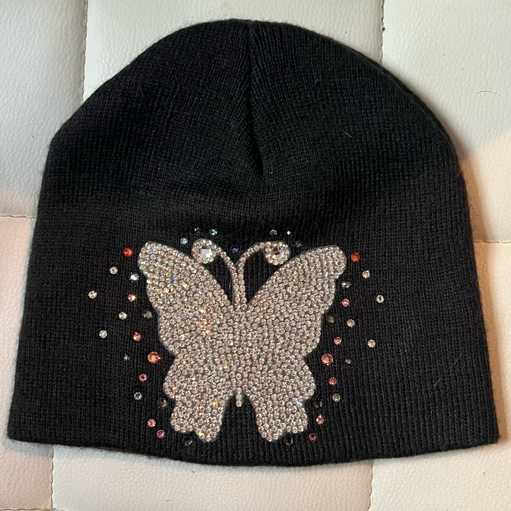 Knit Hat-Black w/Rhinestones Butterfly OS